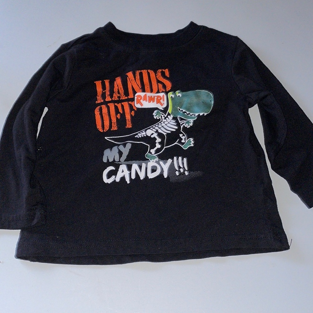 18 months dinosaur hands off my candy. Long sleeve shirt.